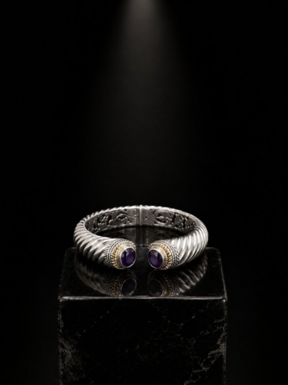 Robert Manse Bali Designs 925 Sterling  18K Gold African Amethyst Hinged Cuff